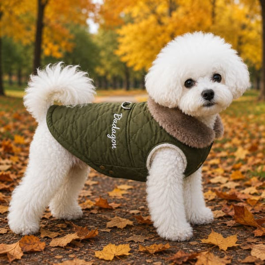Small white dog wearing green quilted winter dog coat with soft plush collar