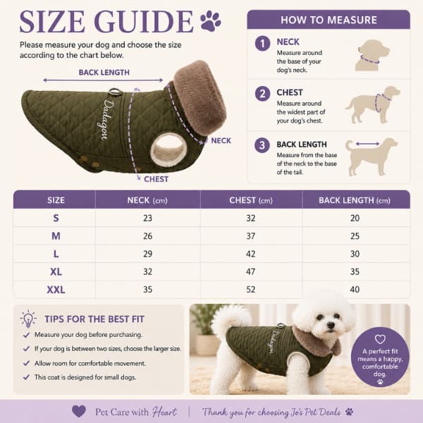 Warm winter dog coat size guide showing neck, chest and back length measurements from S to XXL