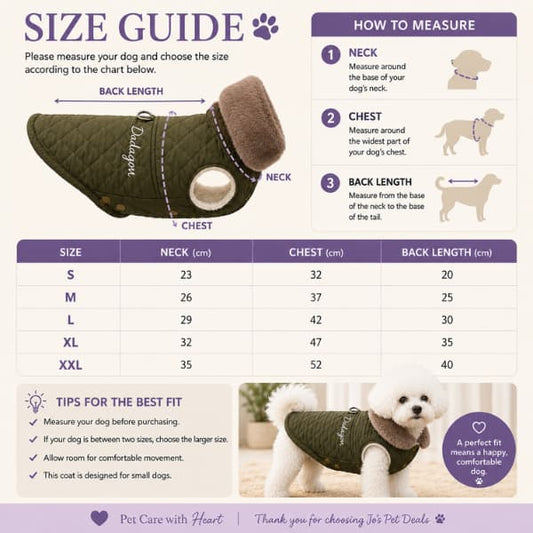 Warm winter dog coat size guide showing neck, chest and back length measurements from S to XXL