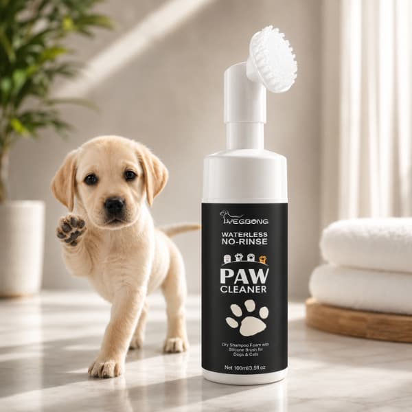 Waterless no-rinse dog paw cleaner foam with soft silicone brush beside a puppy in a clean home setting
