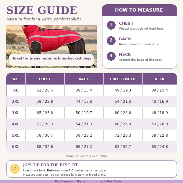 Premium size and measuring guide for waterproof reflective large dog coats in sizes XL to 6XL