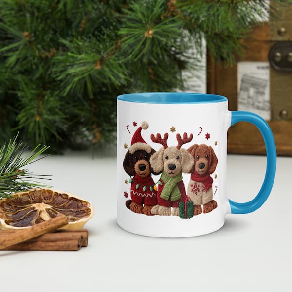 Mug with Christmas-themed dog illustrations on a white surface with decorative elements.