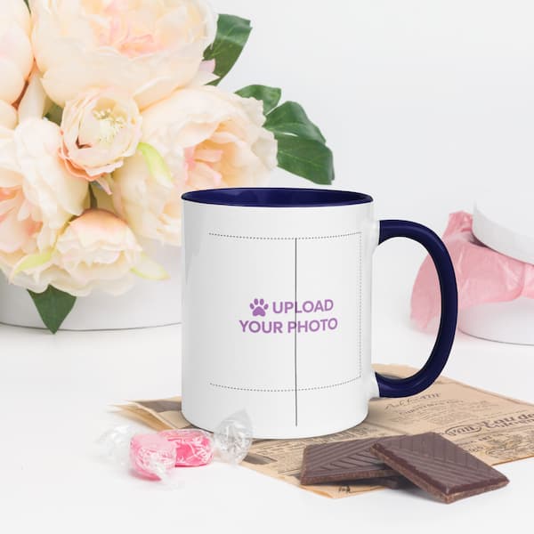 Custom white ceramic mug with purple ‘Upload Your Photo’ text and playful paw print design — perfect for personalized gifts from Jo’s Pet Deals.”