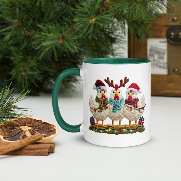 Festive Merry Cluckmas mug with three Christmas chickens wearing scarves and Santa hats, surrounded by lights and presents — perfect gift for chicken lovers.