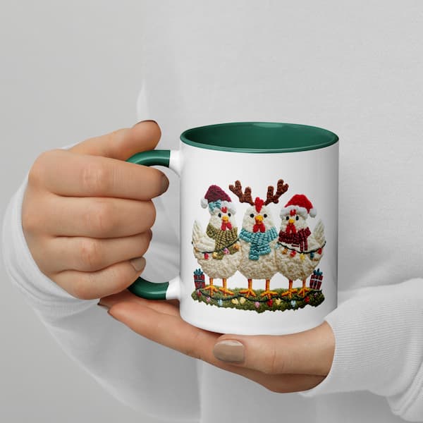 Festive Merry Cluckmas mug with three Christmas chickens wearing scarves and Santa hats, surrounded by lights and presents — perfect gift for chicken lovers.