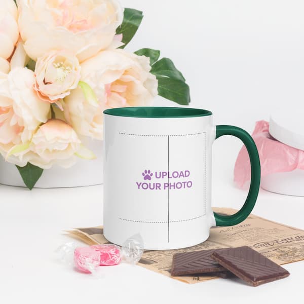 Custom white ceramic mug with purple ‘Upload Your Photo’ text and playful paw print design — perfect for personalized gifts from Jo’s Pet Deals.”