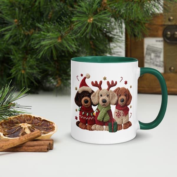 Mug with Christmas-themed dog illustrations on a table with decorative items.