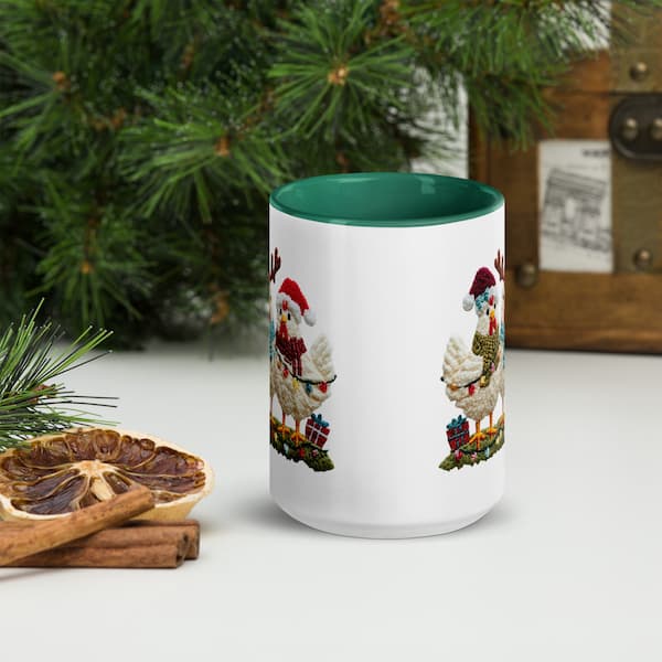 Festive Merry Cluckmas mug with three Christmas chickens wearing scarves and Santa hats, surrounded by lights and presents — perfect gift for chicken lovers.