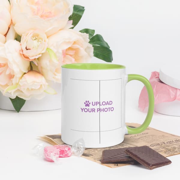 Custom white ceramic mug with purple ‘Upload Your Photo’ text and playful paw print design — perfect for personalized gifts from Jo’s Pet Deals.”