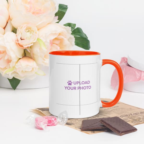 Custom white ceramic mug with purple ‘Upload Your Photo’ text and playful paw print design — perfect for personalized gifts from Jo’s Pet Deals.”