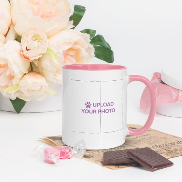 Custom white ceramic mug with purple ‘Upload Your Photo’ text and playful paw print design — perfect for personalized gifts from Jo’s Pet Deals.”