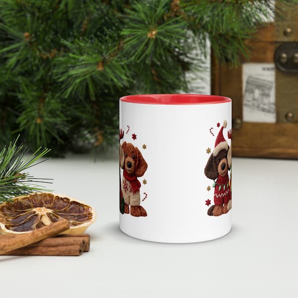 White mug with Christmas-themed design featuring a dog in a Santa hat and scarf, placed on a surface with decorative elements.