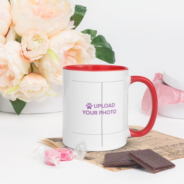 Custom white ceramic mug with purple ‘Upload Your Photo’ text and playful paw print design — perfect for personalized gifts from Jo’s Pet Deals.”