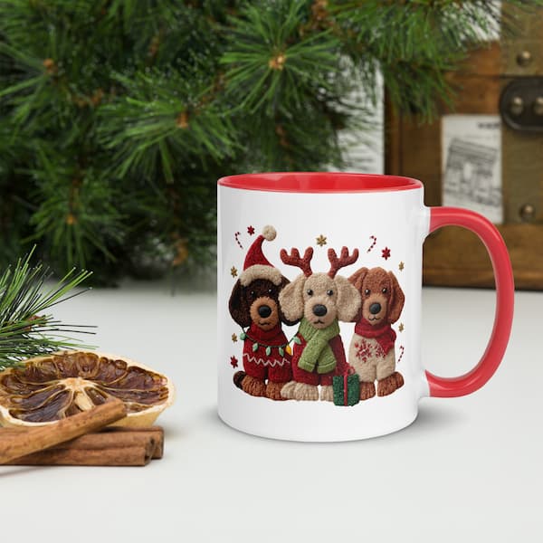White mug with red interior and handle featuring Christmas-themed dog illustrations, placed on a surface with decorative elements.