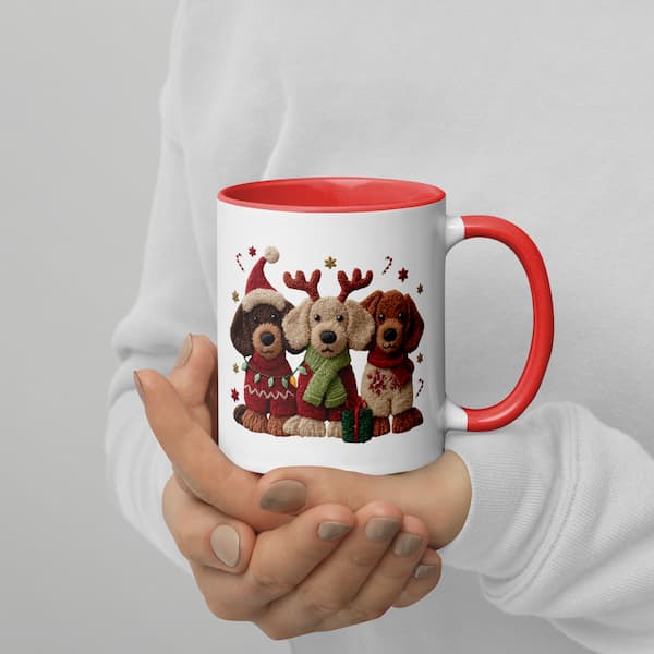 White mug with red interior and handle, featuring Christmas-themed dog illustrations, held by a person.