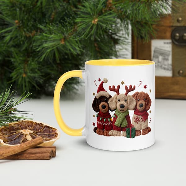 Mug with Christmas-themed design of dogs in front of a decorated Christmas tree.
