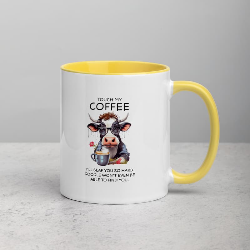 White ceramic mug with black handle featuring a funny cow illustration, glasses, and coffee cup with the quote 'Touch My Coffee – I’ll slap you so hard Google won’t even be able to find you'.