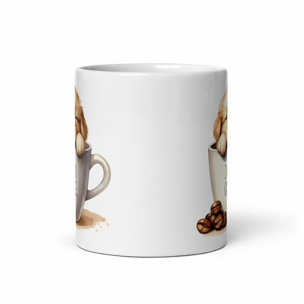 Cute puppy inside a coffee mug with text “I Need Coffee” – funny dog lover gift, ceramic coffee cup for pet owners and coffee fans.