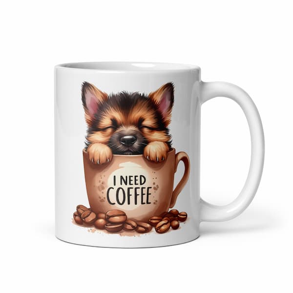 White ceramic mug with cute puppy in coffee cup design – Dogs Need Coffee gift mug for dog and coffee lovers