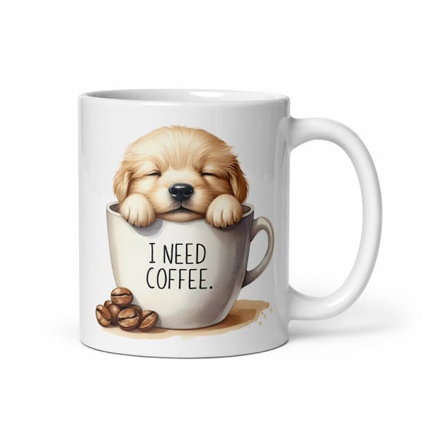 Cute puppy inside a coffee mug with text “I Need Coffee” – funny dog lover gift, ceramic coffee cup for pet owners and coffee fans.