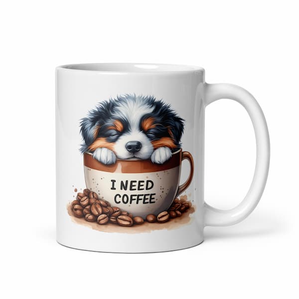 Dog lover ceramic mug with sleeping Australian Shepherd puppy and “I Need Coffee” design – perfect coffee cup gift for pet parents