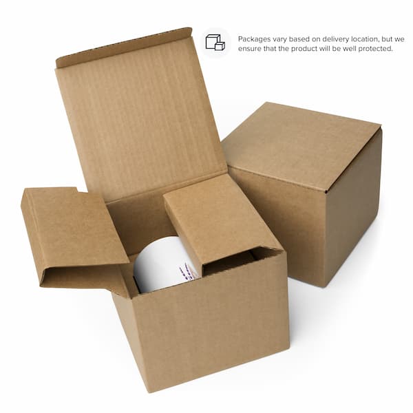 Brown cardboard box with a white product inside on a white background