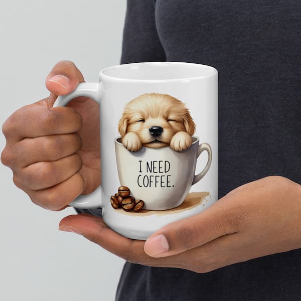 Dog-themed ceramic mug with sleepy puppy design and “I Need Coffee” text – perfect gift for dog lovers, coffee drinkers, and pet parents.
