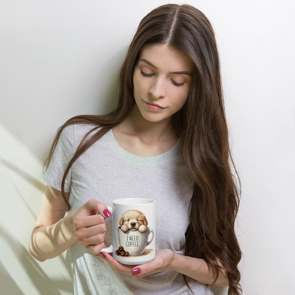 Dog-themed ceramic mug with sleepy puppy design and “I Need Coffee” text – perfect gift for dog lovers, coffee drinkers, and pet parents.