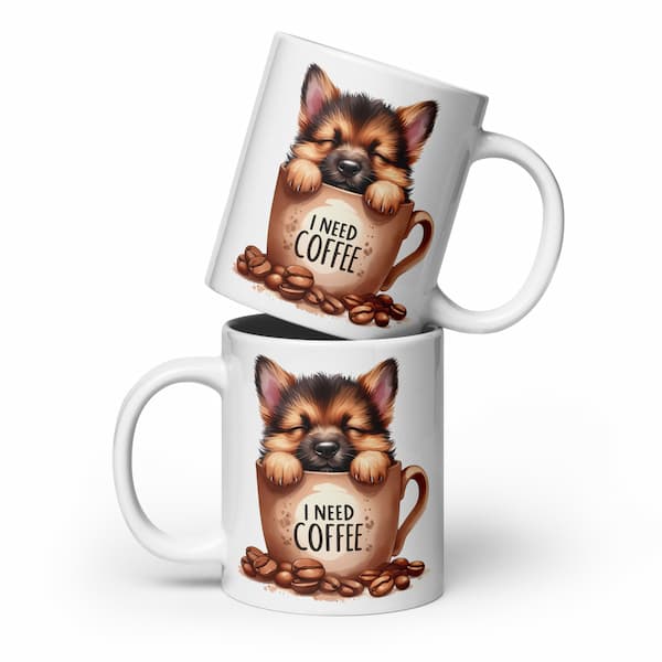 Stacked ceramic mugs featuring Dogs Need Coffee puppy design – dishwasher safe dog lover gift