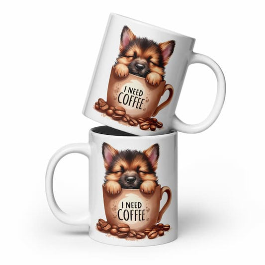 Stacked ceramic mugs featuring Dogs Need Coffee puppy design – dishwasher safe dog lover gift