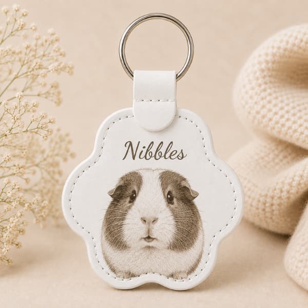 White personalised pet photo paw keychain engraved with a guinea pig portrait and name