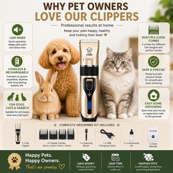 Cordless pet grooming clippers for dogs, cats and rabbits featuring low noise operation, rechargeable battery, guide combs and complete grooming kit for home use
