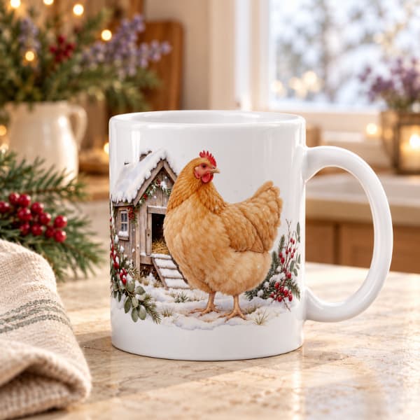 White 11 oz chicken mug featuring a golden hen and snowy coop, styled on a cream kitchen counter beside winter greenery.