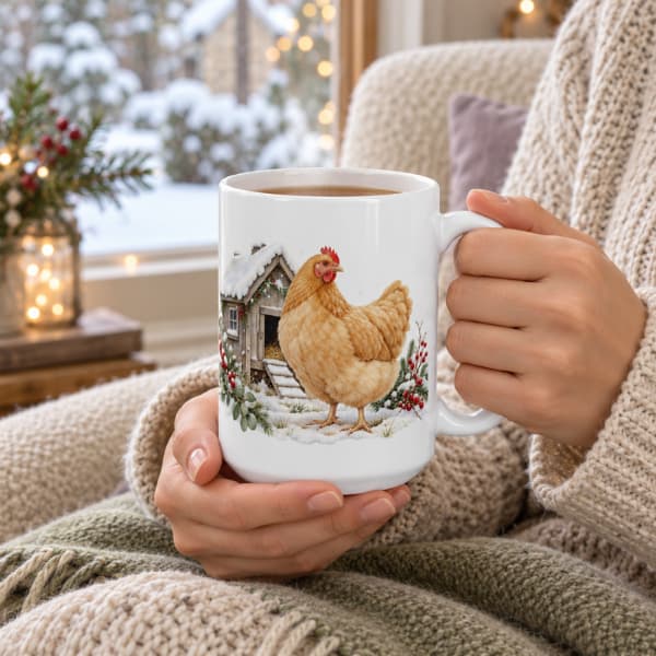 White 15 oz winter chicken mug held in two hands beside a snowy window, featuring a golden hen and snow-covered coop.