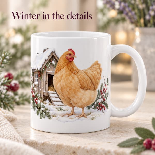 Close-up of a white chicken mug showing a golden hen, snowy wooden coop and winter berries beneath “Winter in the details”.