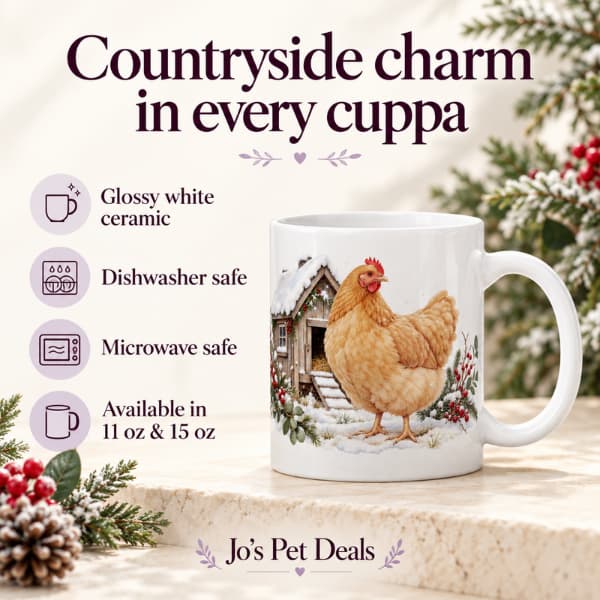 Winter chicken mug with features highlighting glossy white ceramic, dishwasher and microwave safety, and 11 oz and 15 oz sizes.