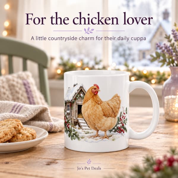 White winter chicken mug beside biscuits on a cottage table beneath the heading “For the chicken lover”.