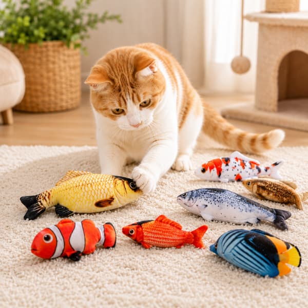Ginger and white cat playing with colorful plush fish cat toys on a soft rug in a cozy indoor setting