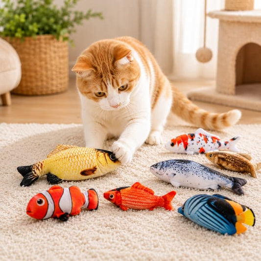 Ginger and white cat playing with colorful plush fish cat toys on a soft rug in a cozy indoor setting