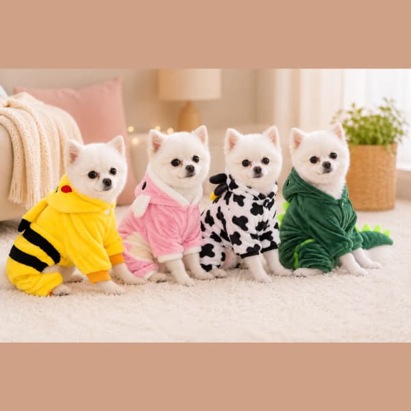 Four small fluffy dogs wearing cozy winter onesies in bee, pink, cow, and dinosaur styles sitting indoors on a soft rug