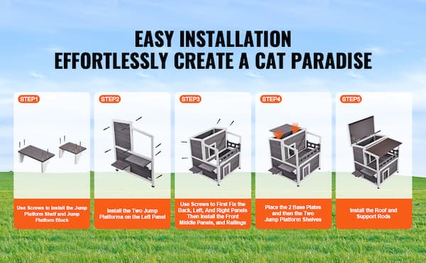 Step-by-step guide for installing a cat play structure with text 'Easy Installation Effortlessly Create a Cat Paradise'.