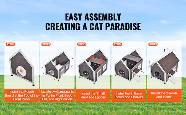 Premium cedar outdoor cat house with asphalt roof and escape door placed on grass – weatherproof wooden shelter for feral and outdoor cats.