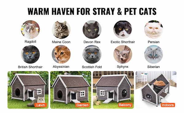 Premium cedar outdoor cat house with asphalt roof and escape door placed on grass – weatherproof wooden shelter for feral and outdoor cats.