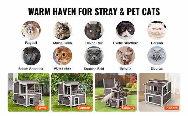 Cat shelter products with images of various cat breeds and different types of shelters.