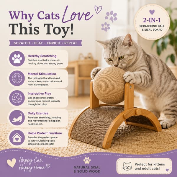 Cat playing with a 2-in-1 wooden cat scratching ball and sisal scratching board, highlighting healthy scratching, mental stimulation, interactive play, daily exercise and furniture protection for indoor cats.