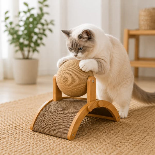 Indoor cat playing with a 2-in-1 wooden cat scratching ball and sisal scratching board in a modern home, encouraging healthy scratching, daily exercise and interactive enrichment for indoor cats.