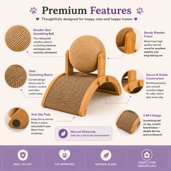 Premium feature guide showing the 2-in-1 wooden cat scratching ball with sisal scratching board, highlighting the natural sisal scratching ball, curved scratching board, sturdy wooden frame, anti-slip pads, durable construction and safe materials for indoor cats.