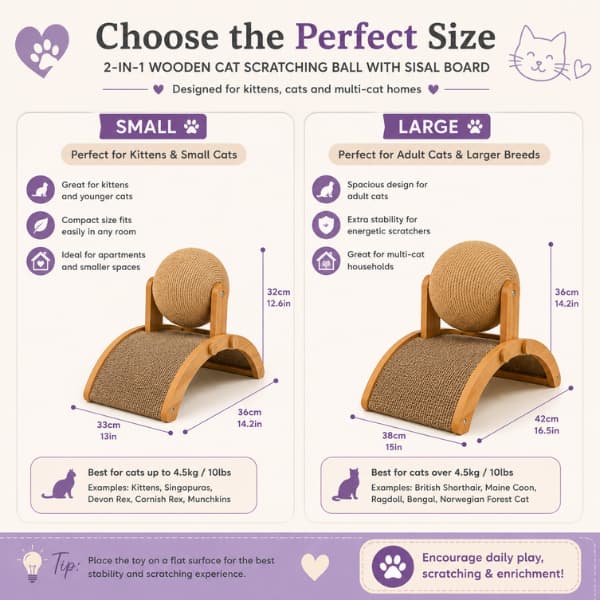 Size guide for the 2-in-1 wooden cat scratching ball with sisal scratching board, comparing small and large sizes for kittens, indoor cats and larger cat breeds with product dimensions and recommendations.