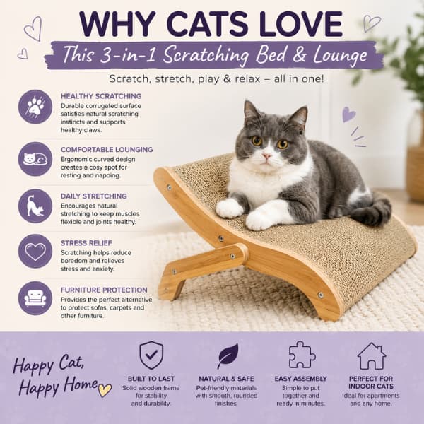 3-in-1 wooden cat scratching bed and lounge with a relaxed indoor cat, highlighting healthy scratching, comfortable lounging, daily stretching, stress relief and furniture protection for indoor cats.