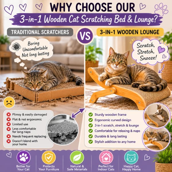Comparison between a traditional cardboard cat scratcher and a 3-in-1 wooden cat scratching bed and lounge, showing improved comfort, durability, scratching, stretching and furniture protection for indoor cats.